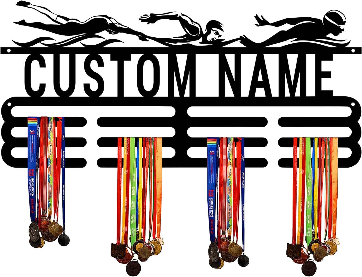 Custom Swimming Medal Hanger Display Holder Rack for Awards and Ribbons - Personalized Name Sports Medal Holder Display Rack Black Metal Shelf for Wall Decor Birthday Gift for Kids Boys Girls Adults | GearViral