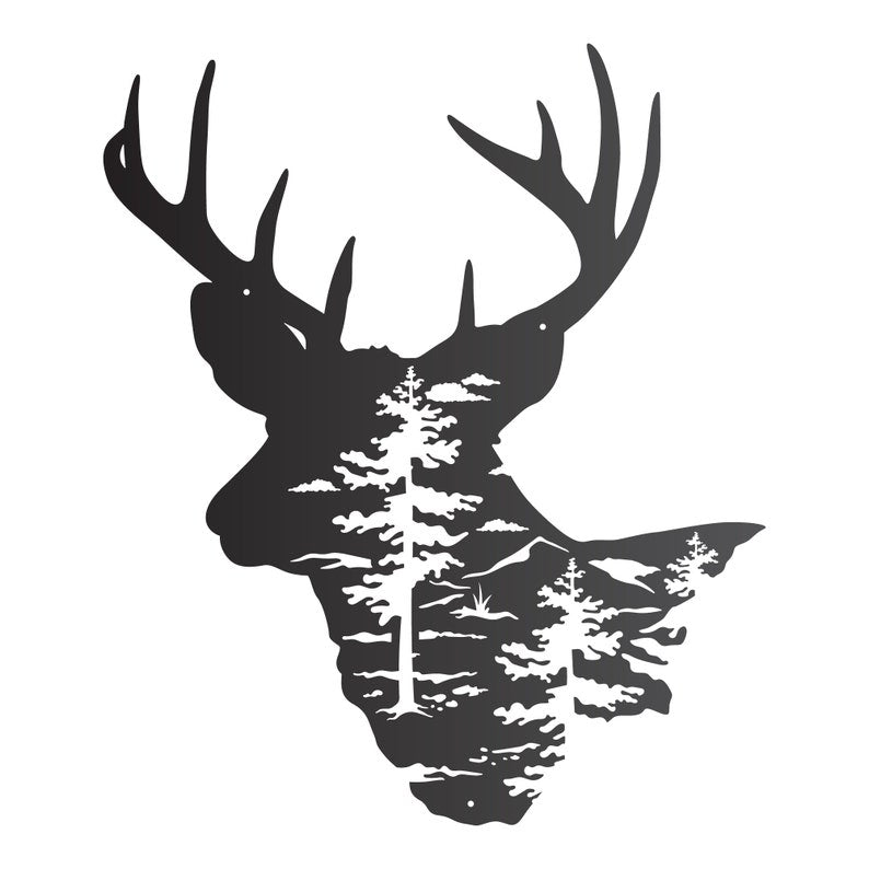 Deer Bust Silhouette Metal Wall Art - Stag Forest Wall Art - Woodland Nature Home Decor - Pine Tree & Mountains Buck Metal Silhouette Wall Decor | GearViral